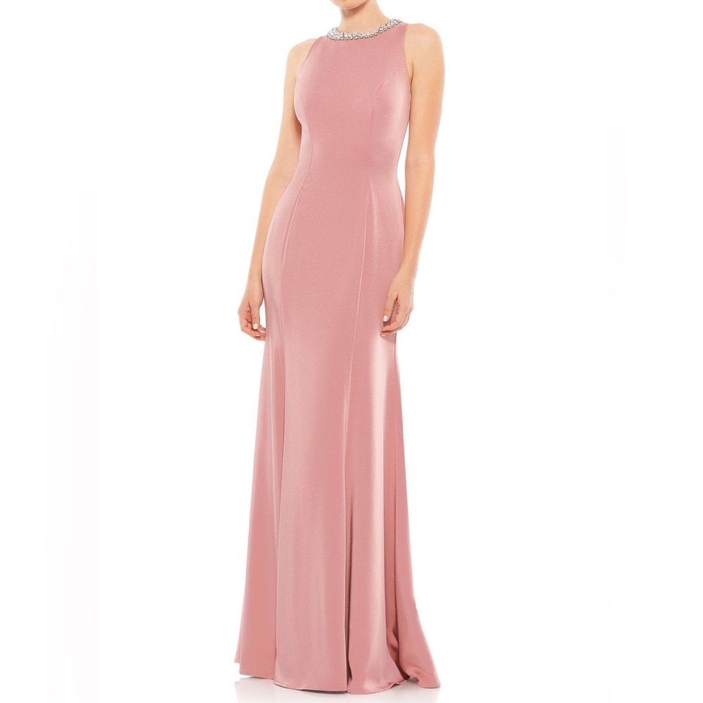 Mac Duggal Pink Mauve Sleeveless Silver Rhienstone Neckline Trumpet Gown 49093